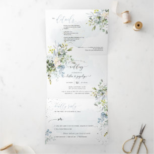 PixDezines Elegant Dusty Blue Eucalyptus Tri-Fold Invitation