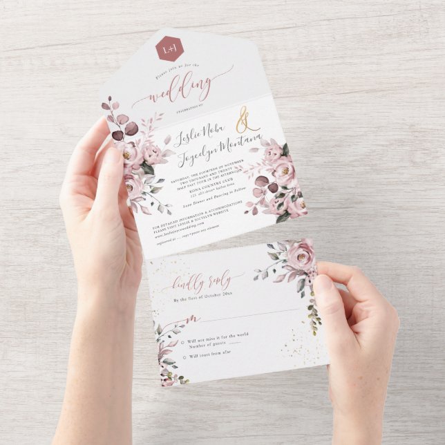 PixDezines Elegant Dusty Rose+Gum Eucalyptus All In One Invitation (Tearaway)