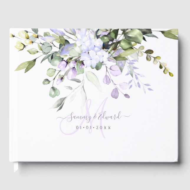 PixDezines Elegant DustyPurple Eucalyptus Monogram Guest Book (Front)