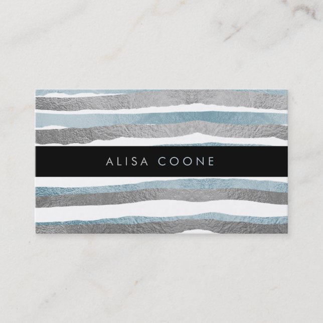 PixDezines faux blue+silver foil stripes Business Card (Front)