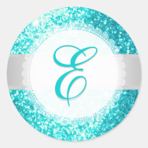 PixDezines FAUX GLITTER MONOGRAM   AQUA BLUE Classic Round Sticker