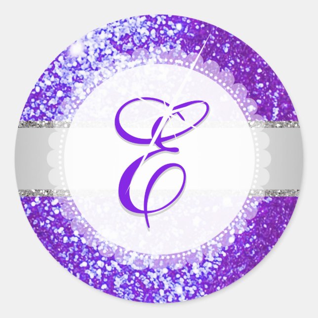 PixDezines FAUX GLITTER MONOGRAM | ULTRA VIOLET Classic Round Sticker (Front)