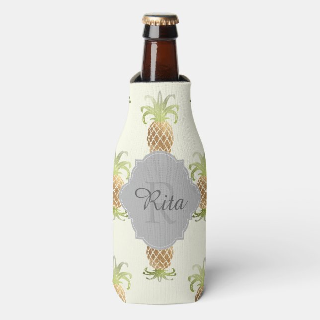 PixDezines Faux Gold Foil Pineapples Pattern Bottle Cooler (Bottle Front)