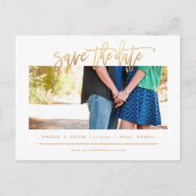 PixDezines Faux Gold Modern Brush Script Announcement Postcard (Front)