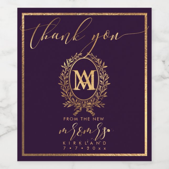 PixDezines Faux Gold Monogram+Laurel Wreath Wine Label (Single Label)