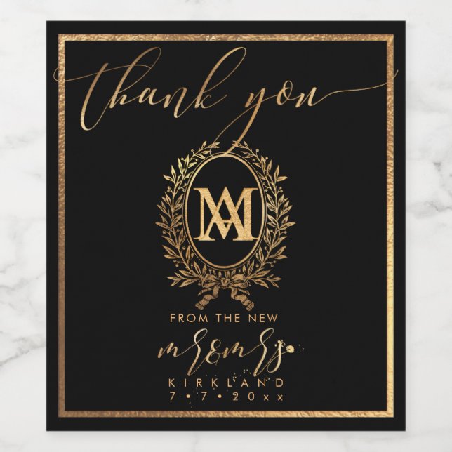 PixDezines Faux Gold Monogram+Laurel Wreath Wine Label (Single Label)