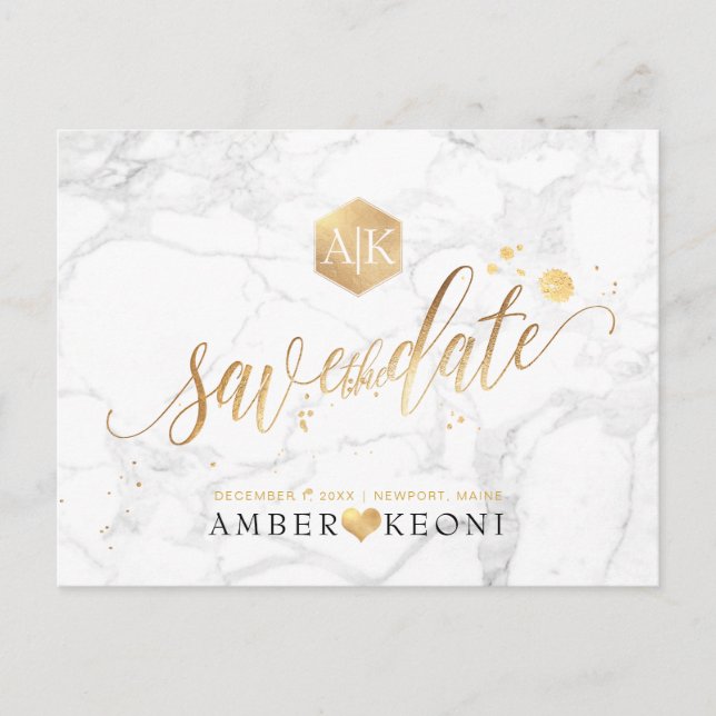PixDezines Faux Gold/Monogram/Marble/Save our Date Postcard (Front)