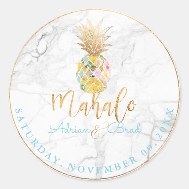 PixDezines Faux Gold Pineapple/Marble Classic Round Sticker (Front)