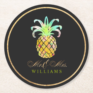 PixDezines Faux Gold/Pineapples Round Paper Coaster