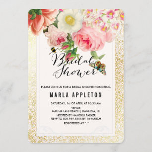 PixDezines faux gold specks/roses/bridal shower Invitation