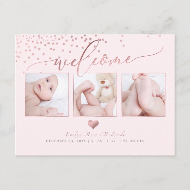 PixDezines Faux Rose Gold Confetti/Birth Announce Announcement Postcard (Front)