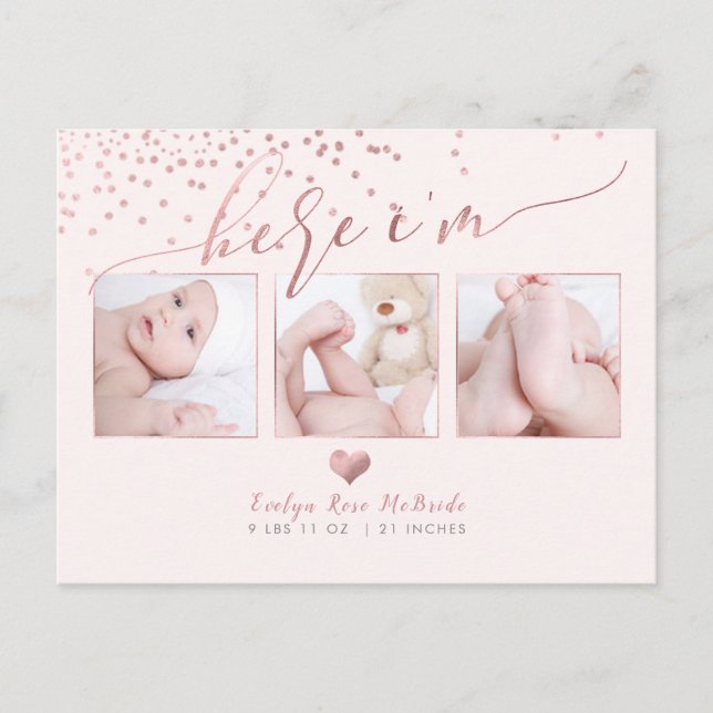 PixDezines Faux Rose Gold Confetti/Birth Announce Announcement Postcard (Front)