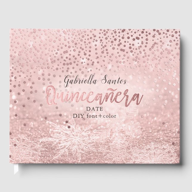 PixDezines FAUX ROSE GOLD CONFETTI+SNOW BOKEH Guest Book (Front)