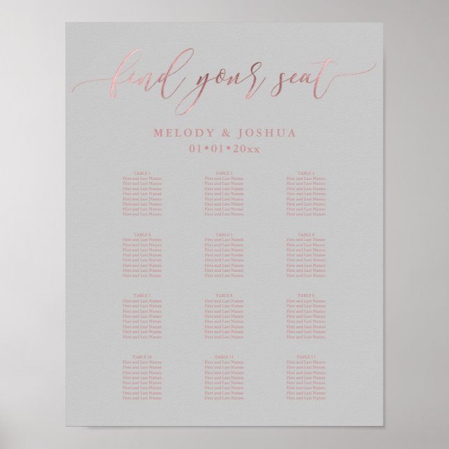 PixDezines Faux Rose Gold Script, Seating Chart (Front)