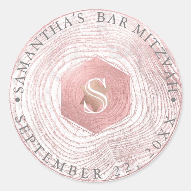 PixDezines Faux Rose Gold Tree Rings Mitzvah Classic Round Sticker (Front)