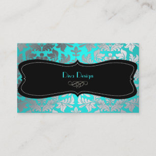 PixDezines Faux silver baroque damask aqua Business Card