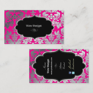 PixDezines Faux silver baroque damask hot pink Business Card