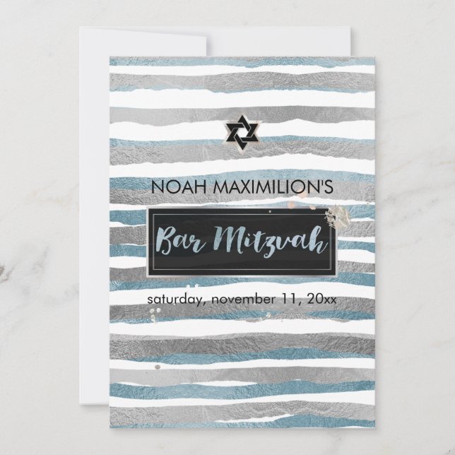 PixDezines faux silver/blue/stripes bar mitzvah Invitation (Front)