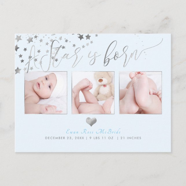 PixDezines Faux Silver Stars/Birth Announce Announcement Postcard (Front)