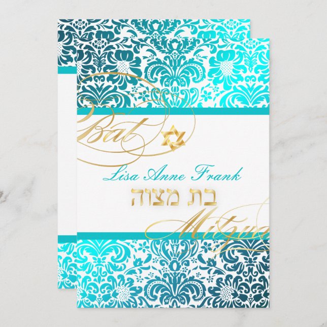 PixDezines FIDORA DAMASK BAT MITZVAH, TURQUOISE Invitation (Front/Back)