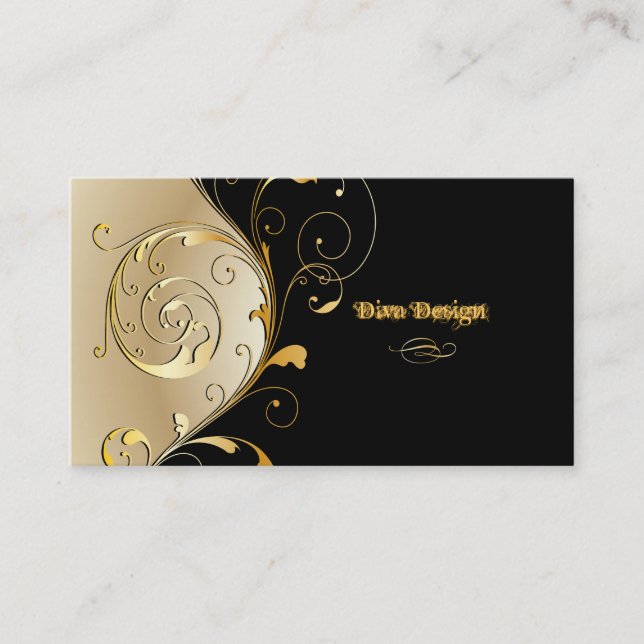 PixDezines Filigree+swirls/black+faux gold Business Card (Front)