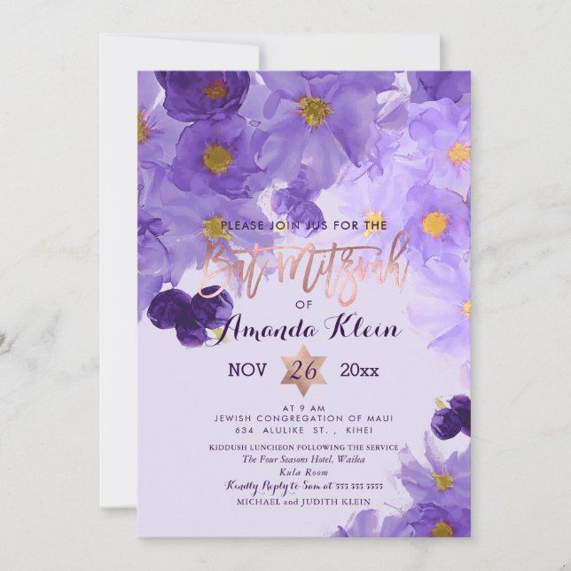 PixDezines Floral Watercolor Bat Mitzvah Invitation (Front)