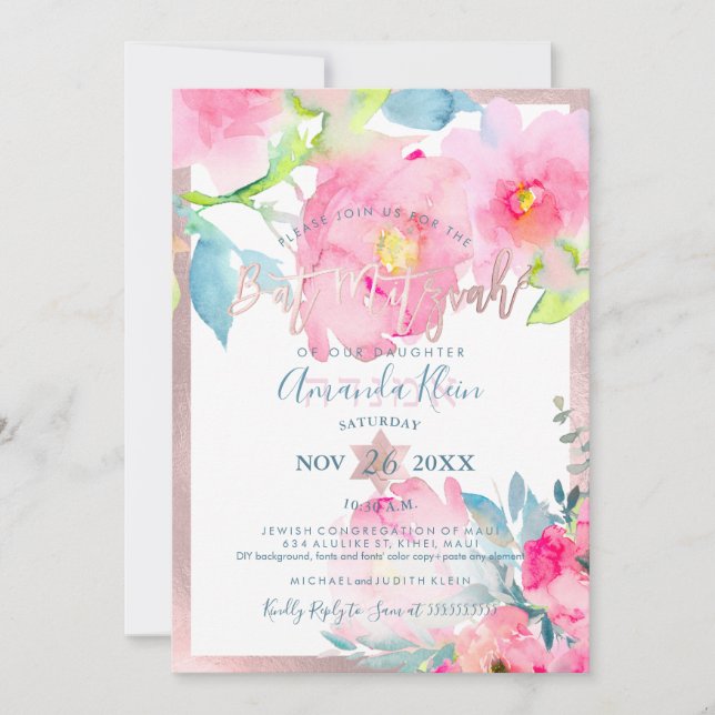 PixDezines Floral Watercolor Bat Mitzvah Invitation (Front)