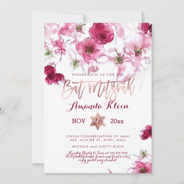 PixDezines Floral Watercolor Bat Mitzvah Invitation (Front)
