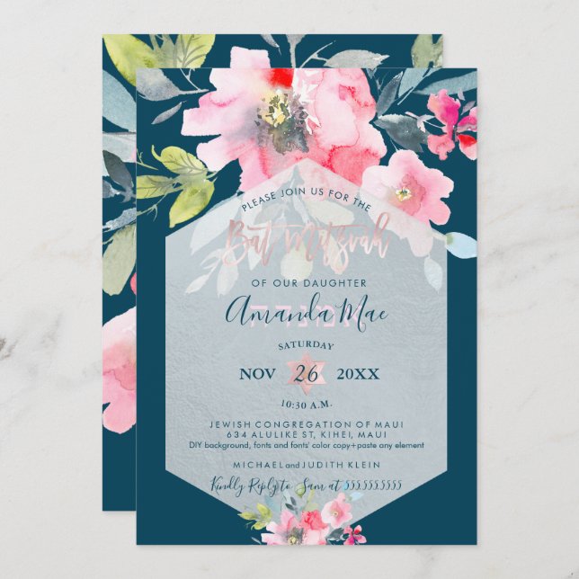 PixDezines Floral Watercolor Bat Mitzvah, Ombre Invitation (Front/Back)