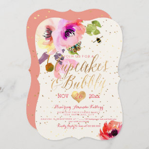 PixDezines Floral Watercolor Cupcakes+Bubbly Invitation