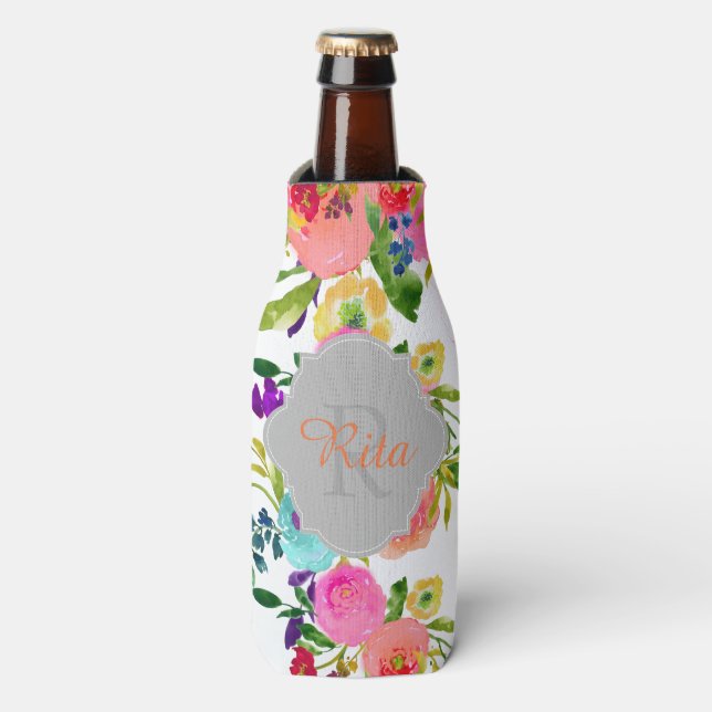 PixDezines Floral Watercolor/DIY background Bottle Cooler (Bottle Front)