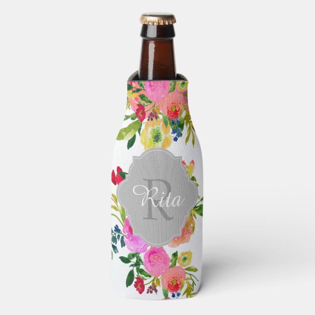 PixDezines Floral Watercolor/DIY background Bottle Cooler (Bottle Front)