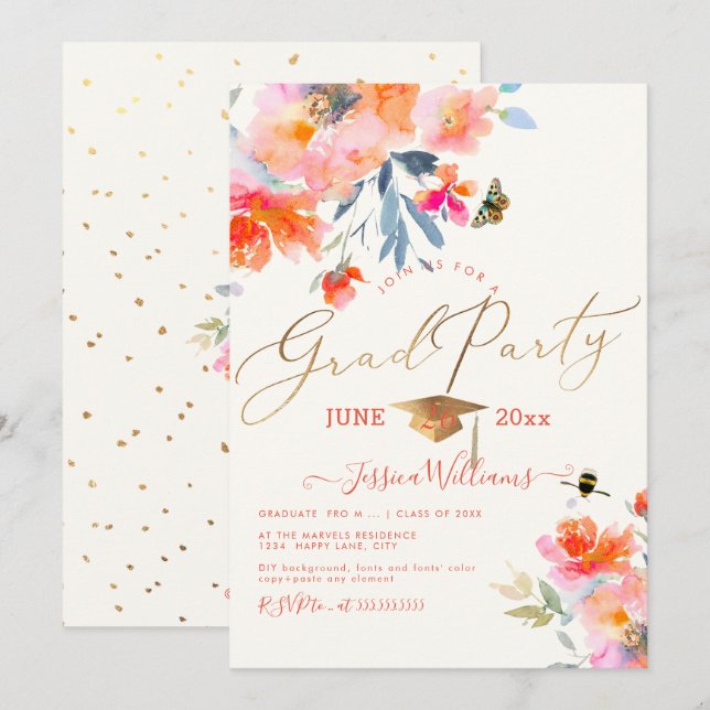 PixDezines Floral Watercolor Graduation Party Invitation (Front/Back)