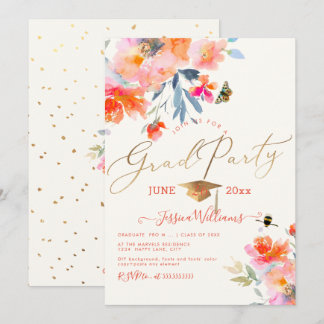 PixDezines Floral Watercolor Graduation Party Invitation