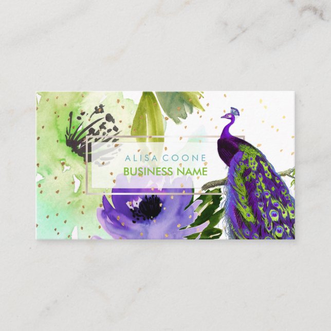 PixDezines Floral Watercolor/Peacock/Gold Specks Business Card (Front)