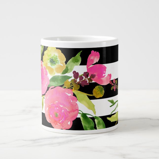 PixDezines floral/watercolor/ranunculus/stripes Large Coffee Mug (Front)