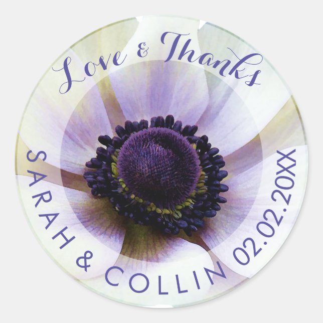 PixDezines floral/white anemones/purple Classic Round Sticker (Front)
