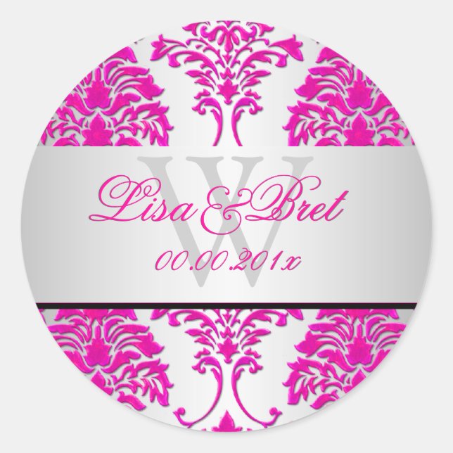 PixDezines florentius damask/pink+silver Classic Round Sticker (Front)