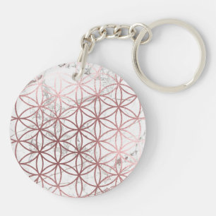 PixDezines Flower of Life / Faux Rose Gold+Marble Key Ring