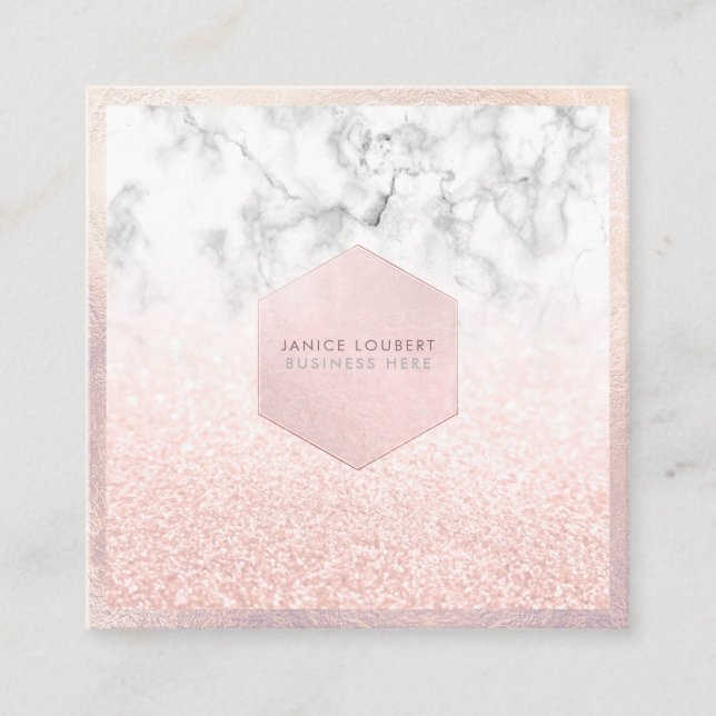 PixDezines Glam Faux Glitter, Pink Blush+Marble Square Business Card (Front)