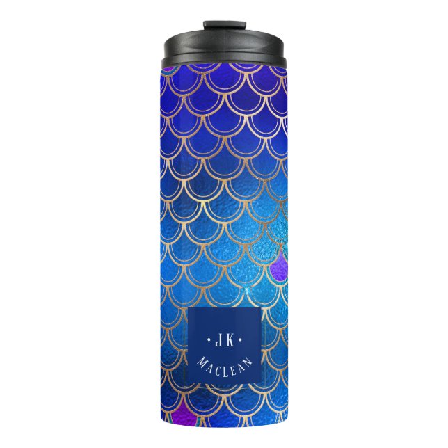 PixDezines Glitter Mermaid Scales, Aquatic Blues Thermal Tumbler (Front)
