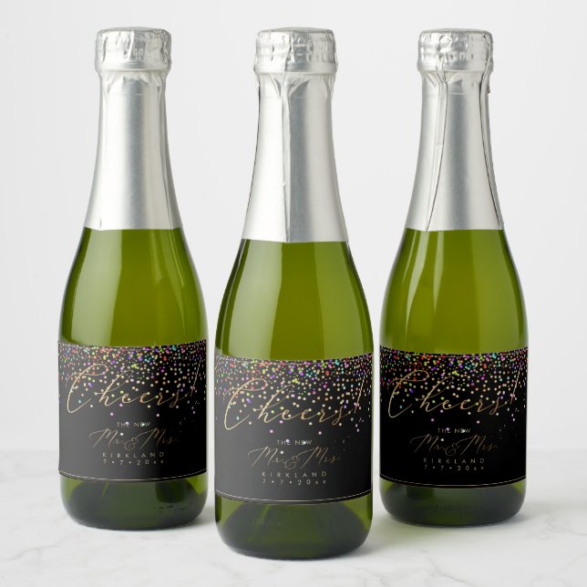 PixDezines Gold Cheers Colourful Confetti Sparkling Wine Label (Bottles)