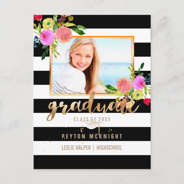PixDezines Graduation/Floral Watercolor/Stripes Announcement Postcard (Front)