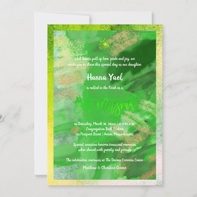 PixDezines Green Watercolor Abstract Bat Mitzvah Invitation (Back)