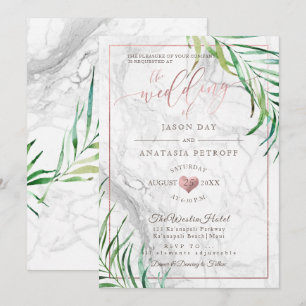 PixDezines Greenery Palms+Marble+Rose Gold Heart Invitation