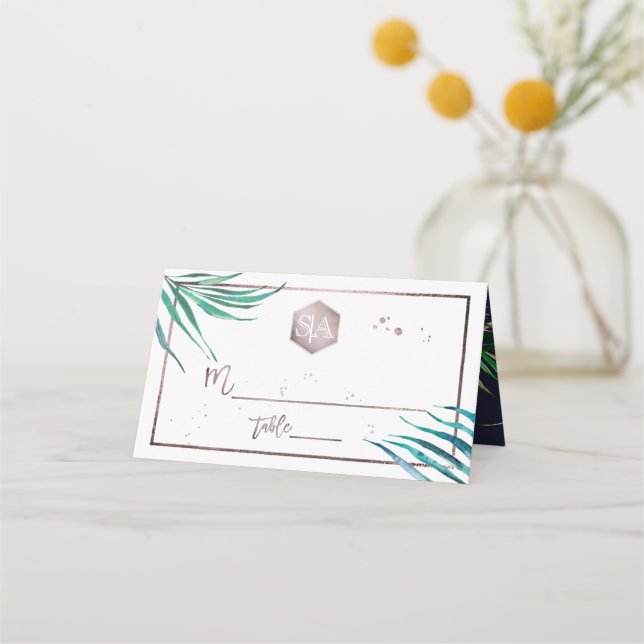 PixDezines Greenery, Watercolor Palm Fronds Place Card (Front)
