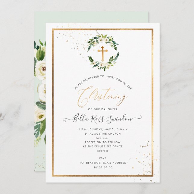 PixDezines Greenery Watercolor White Roses Wreath Invitation (Front/Back)