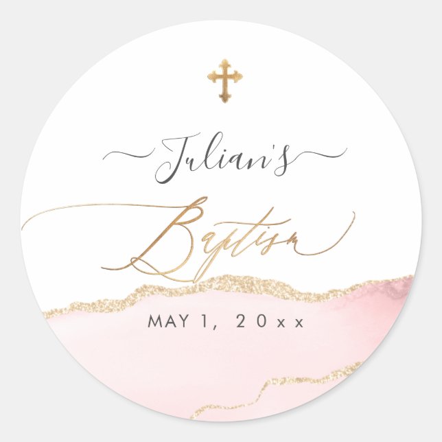 PixDezines H2 Agate Blush Pink Gold Baptism Classic Round Sticker (Front)