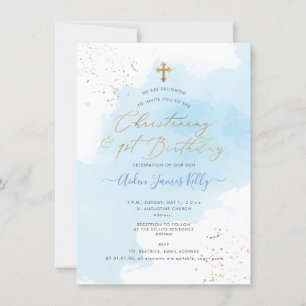 PixDezines H2 Blue Christening+1st Birthday Invitation