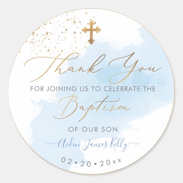 PixDezines H2 Blue Gold Dust Baptism Thank You Classic Round Sticker (Front)